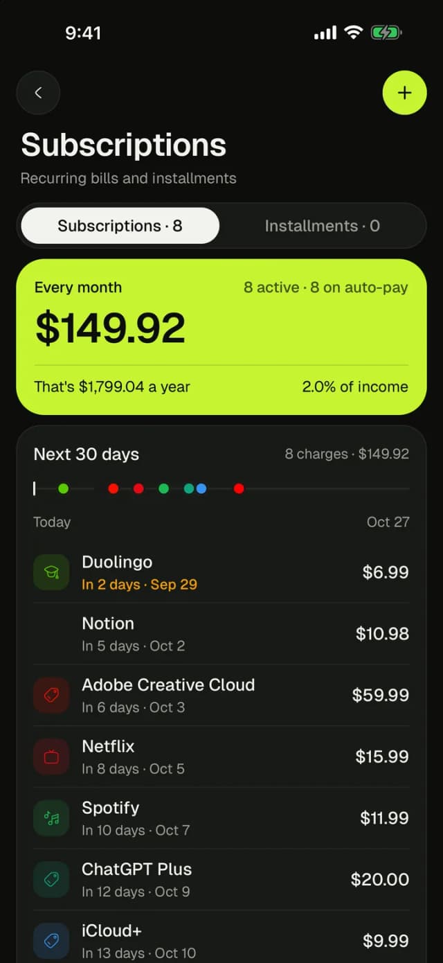Subscriptions · upcoming bills